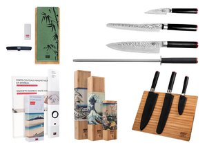 Knives and Kitchen Accessories Set - The Essential Set Deluxe Edition (B): 3 knives (paring knife + gyuto + bread knife) + 3 accessories (magnetic bamboo knife holder + honing steel + 400/1000 grit sharpening set)