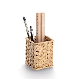  "Woven paper pencil holder, square shape, natural tan color, wicker weave texture, desk organizer"