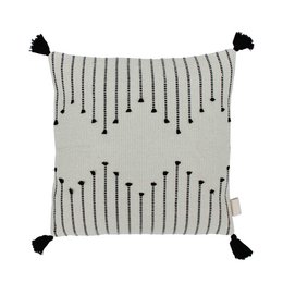 Square boho cushion cover with black tassels, made of cotton.