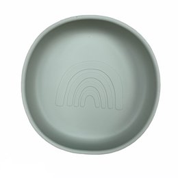 Sage green silicone plate with rainbow design, suitable for kids' use.