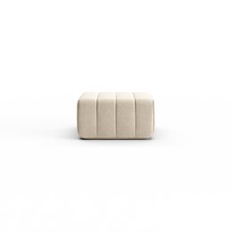 Rectangular beige ottoman with tufted upholstery, suitable for use as a footrest or extra seating.