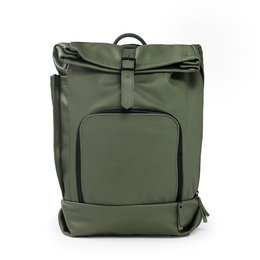 Olive green leather backpack with multiple compartments and adjustable straps for versatile storage and carrying.