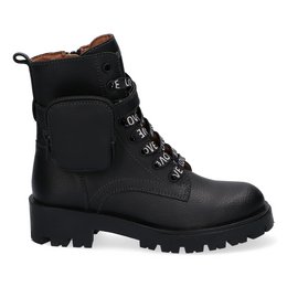 Black leather boots with lace-up closure, textured sole, and 'Love' text print. Suitable for kids.