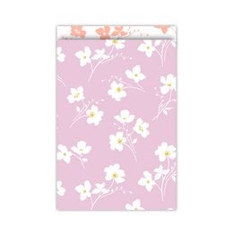 Colorful, floral gift bags in various sizes, featuring a delicate pattern of white flowers on a soft pink background.