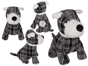 Black/grey/white checkered door stopper, dog,