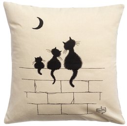  Ecru cushion with 3 black cats silhouetted against a crescent moon, suitable for home decor and cat lovers.