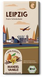 Organic chocolate bar with vanilla and almonds, featuring the skyline of Leipzig, Germany.