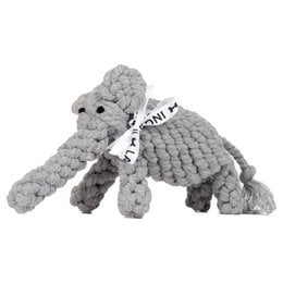 Grey plush elephant-shaped dog toy, 33x8x10 cm in size, made of rope material.