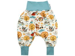 Baby bloomers in a cozy forest print with smoky blue accents. Features a variety of forest animals and trees in warm autumn colors.