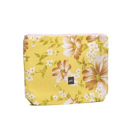 A large, floral-patterned toiletry bag in yellow, pink, and white tones. The bag features a zipper closure and is suitable for storing various personal care items.