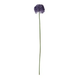 A tall, slender artificial plant with a large, spherical purple flower head. The plant has a long, green stem and the flower is composed of many small, densely packed purple florets.