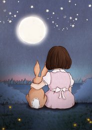  Whimsical postcard featuring a young girl and a rabbit gazing at the moon in a starry night sky.