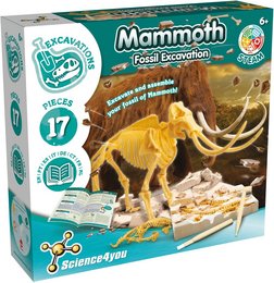 Mammoth fossil excavation kit with 17 pieces to assemble. Includes a large mammoth skeleton model, digging tools, and instructions in multiple languages.
