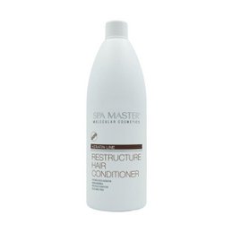 A large bottle of keratin-infused hair conditioner. The conditioner is designed to restore and strengthen hair, leaving it soft and manageable.
