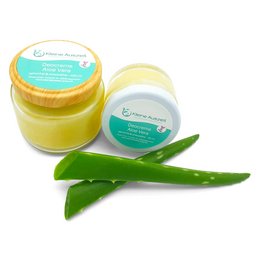 Aloe vera deodorant cream, sodium-free and zinc oxide-free, available in 100ml, 50ml, and 30ml sizes.