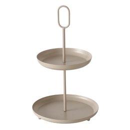  Beige two-tier cupcake stand made of metal with a circular design. Measures approximately 21cm in diameter and 34cm in height.