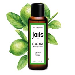 A 100ml bottle of Sauna infusion essential oil from Finland, featuring a green glass bottle with a black cap and surrounded by green leaves.