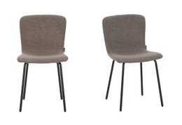  Set of 2 brown fabric dining chairs with black metal legs.