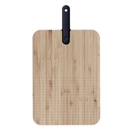 Rectangular wooden cutting board with integrated black knife holder. Made of natural bamboo material, suitable for food preparation and slicing.