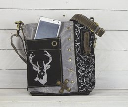 Traditionele tas van Domelo. Dames schoudertas. Dirndl schoudertas gemaakt van canvas en leer. Handtas in traditionele stijl met hertenedelweissprint. Crossbodytas voor dames als Oktoberfest-accessoire.