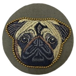  Round makeup mirror with pug dog embroidered design, olive green fabric, gold beaded trim detail.