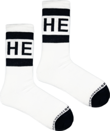 Pair of white socks with "HE" printed in black and blue stripes.