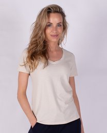  Beige short-sleeved V-neck cotton t-shirt for women.