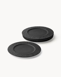  Set of 4 round dinner plates in black and white colors, available in 23cm and 28cm sizes.