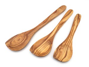 Kooklepel met brede spitse handgreep van olijfhout