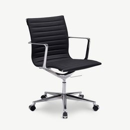  Black PU-leather office chair with chrome frame and swivel base.