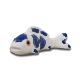 Ceramic koi fish statue with blue and white patterned design.