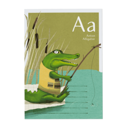 A green alligator character sitting on a green background with the letter 'A' displayed prominently. The product appears to be an educational alphabet toy or book.