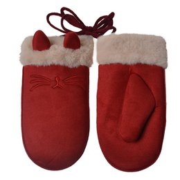 Red mittens with white fur trim, suitable for winter wear. Measures 10x20 cm.