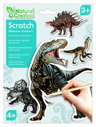 Scratch stickers featuring colorful, detailed dinosaur designs. Includes 4 stickers depicting different dinosaur species with textured surfaces for a fun, interactive scratch-and-reveal experience.