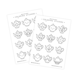 Cozy Teapots Coloring Stickers - A6 Sticker Sheet. Colorful sticker sheet featuring an assortment of teapot designs in various shapes and styles, perfect for decorating and crafting.
