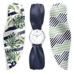 Stylish watch with tropical leaf pattern and striped band, featuring a minimalist white dial and stainless steel case. Suitable for casual and formal wear.
