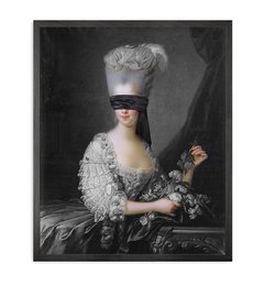 Elegant woman in a white feathered dress and mask, sitting in a chair with a dark background.