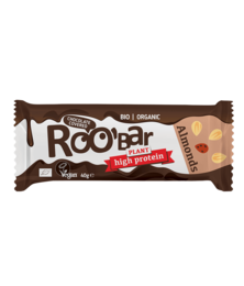 Organic almond and protein bar covered in chocolate, 40g. High protein, vegan, gluten-free.