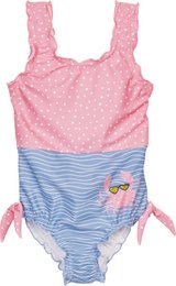 A pink and blue swimsuit with a polka dot pattern and a striped bottom. The swimsuit features a tie detail at the waist and a heart-shaped patch on the front.