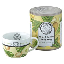 A ceramic soup mug featuring a green and white design with leeks and potatoes, indicating the Mackie's Leek & Potato Soup product.