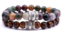 Bali set of Indian agate and brown tiger eye beaded bracelets, featuring a mix of natural stone beads in various colors and patterns.