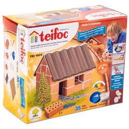 A building kit for kids featuring a cottage design with red bricks, blue roof, and various construction materials.
