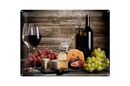  Wine and cheese tin sign, wooden background, wine glass, grapes, decorative wall art, rustic style.