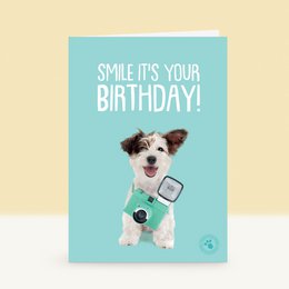  A birthday card featuring a smiling dog with a camera, the text "Smile it's your birthday!" on a teal background.