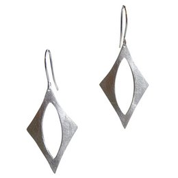 Elongated diamond-shaped silver-toned earrings with a textured finish.