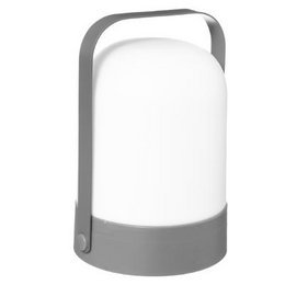 Gray battery-operated LED lantern for indoor and outdoor use.