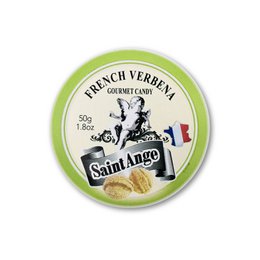 Green and white tin container with yellow bonbon candies inside, labeled "Pastilles de Verveine" (Verbena Lozenges).