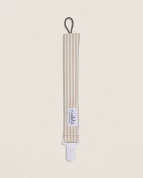 Olive striped pacifier clip with vertical ribbed fabric design and white attachment loop