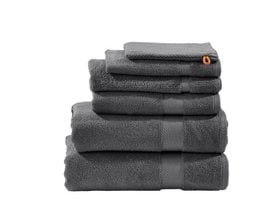 Deluxe towel series in 6 sizes and 9 colors including desert sand, star white, ocean, taupe, silver, anthracite, gold, khaki, and iceberg green. Includes hand towels, bath towels, and washcloths.