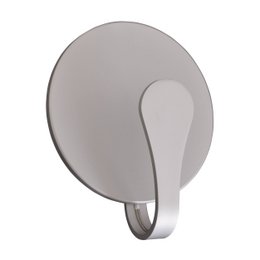 Circular white LED wall light with a curved arm design.